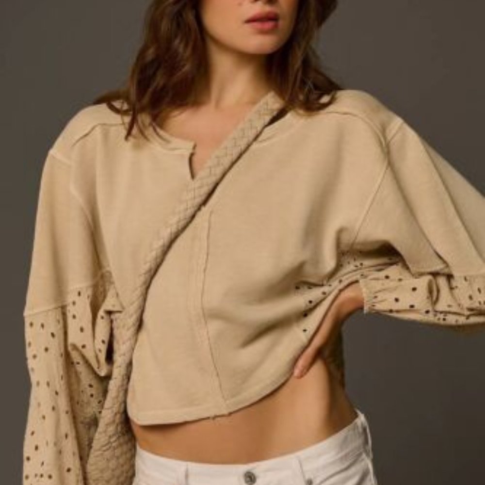 Pilcro Anthropologie Batwing Eyelet Sweatshirt Top Eyelet Embroidered XL $98 NWT